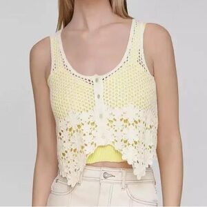 Avec Les Filles Cotton Crocheted Bandeau-Lined Top in Pastel Yellow